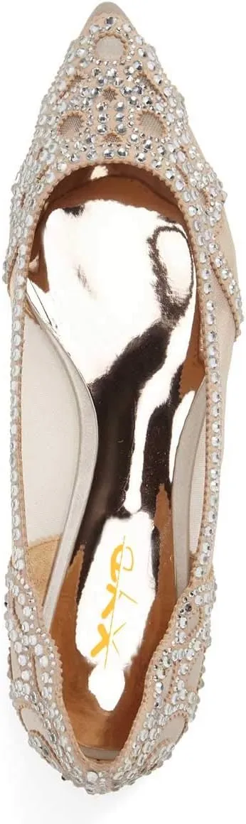 XYD Women Elegant Pointed Toe Rhinestone Flats Mesh Slip-on Crystals Wedding Bride Ballet Shoes