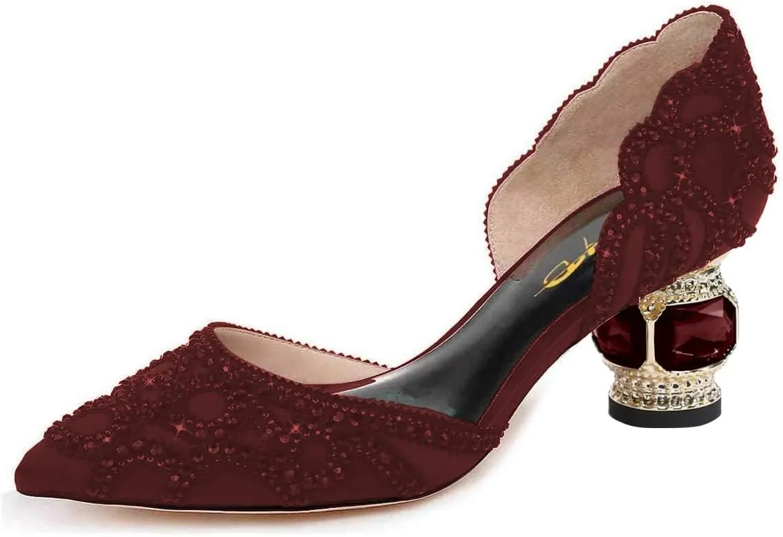 XYD Women's Pumps, Elegant Pointed Toe, D'Orsay Crystal Chunky Low Heels 2 Inches, Rhinestone Studs, Slip-On Satin Shoes for Wedding