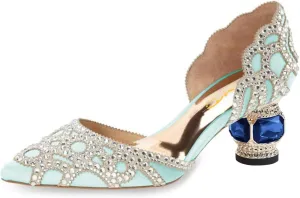XYD Women's Pumps, Elegant Pointed Toe, D'Orsay Crystal Chunky Low Heels 2 Inches, Rhinestone Studs, Slip-On Satin Shoes for Wedding