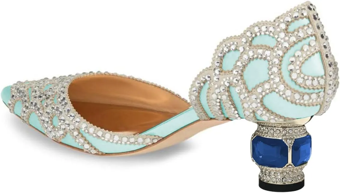 XYD Women's Pumps, Elegant Pointed Toe, D'Orsay Crystal Chunky Low Heels 2 Inches, Rhinestone Studs, Slip-On Satin Shoes for Wedding