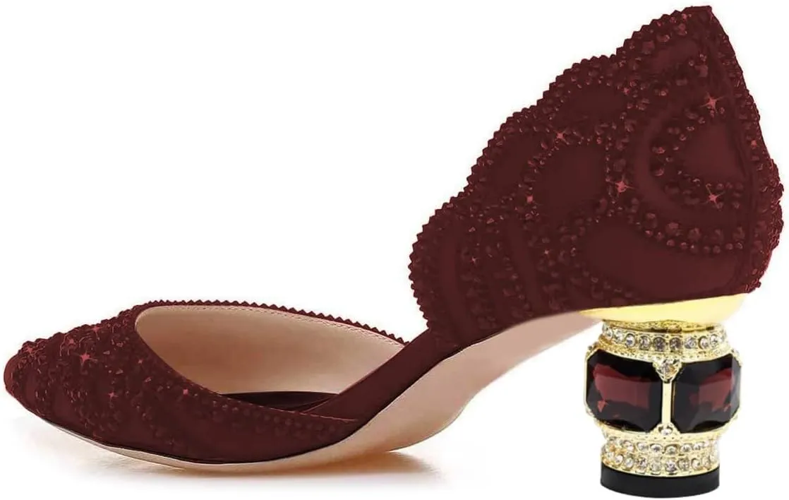 XYD Women's Pumps, Elegant Pointed Toe, D'Orsay Crystal Chunky Low Heels 2 Inches, Rhinestone Studs, Slip-On Satin Shoes for Wedding
