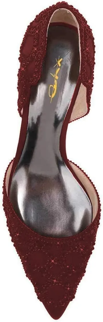 XYD Women's Pumps, Elegant Pointed Toe, D'Orsay Crystal Chunky Low Heels 2 Inches, Rhinestone Studs, Slip-On Satin Shoes for Wedding