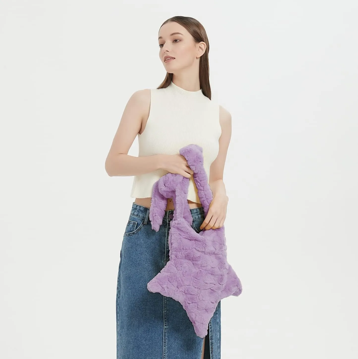 Y2K Furry Purse Star Shaped Heart-shaped Shoulder Bag Faux Fur Pentagram Handbag Fluffy Tote Plush Bag for Women