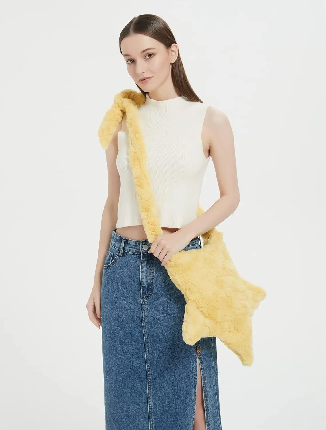 Y2K Furry Purse Star Shaped Heart-shaped Shoulder Bag Faux Fur Pentagram Handbag Fluffy Tote Plush Bag for Women