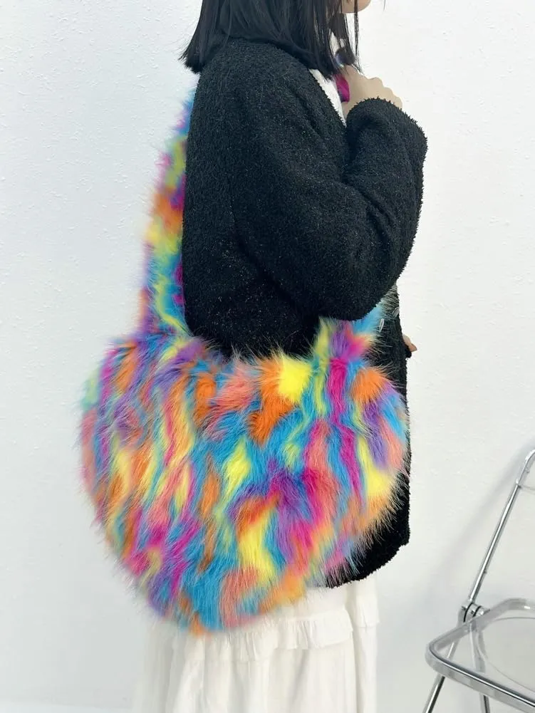 Y2k Purse Crossbody Bags for Women Faux Fur Purse Heart Shaped Purse Satchel Multicolored Shoulder Bag Trendy Fuzzy Bag