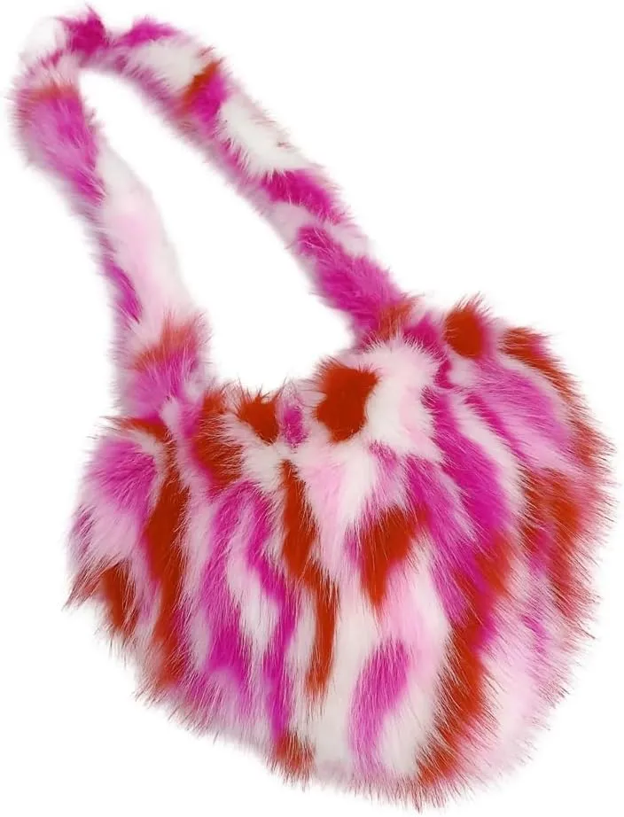 Y2k Purse Crossbody Bags for Women Faux Fur Purse Heart Shaped Purse Satchel Multicolored Shoulder Bag Trendy Fuzzy Bag