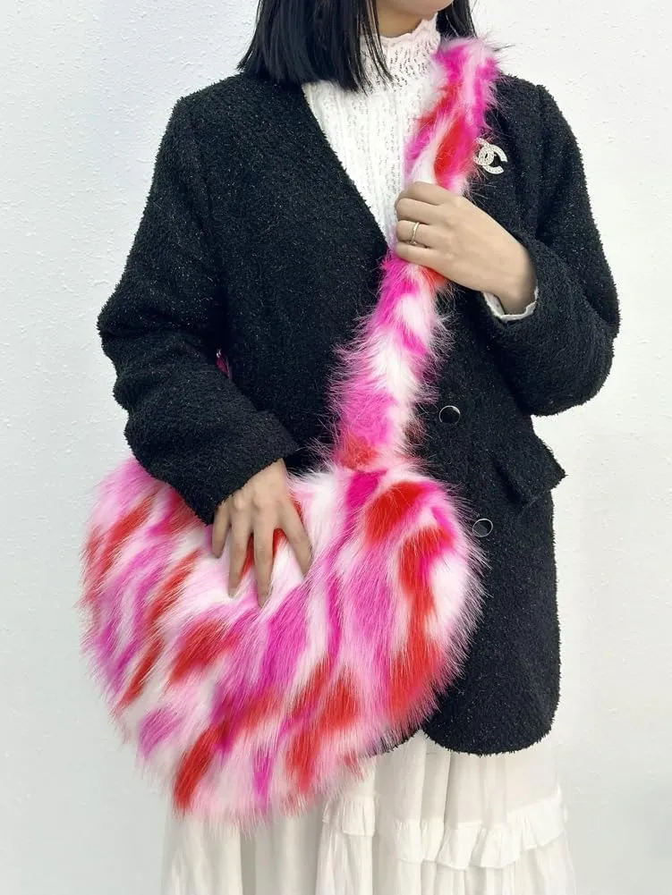 Y2k Purse Crossbody Bags for Women Faux Fur Purse Heart Shaped Purse Satchel Multicolored Shoulder Bag Trendy Fuzzy Bag