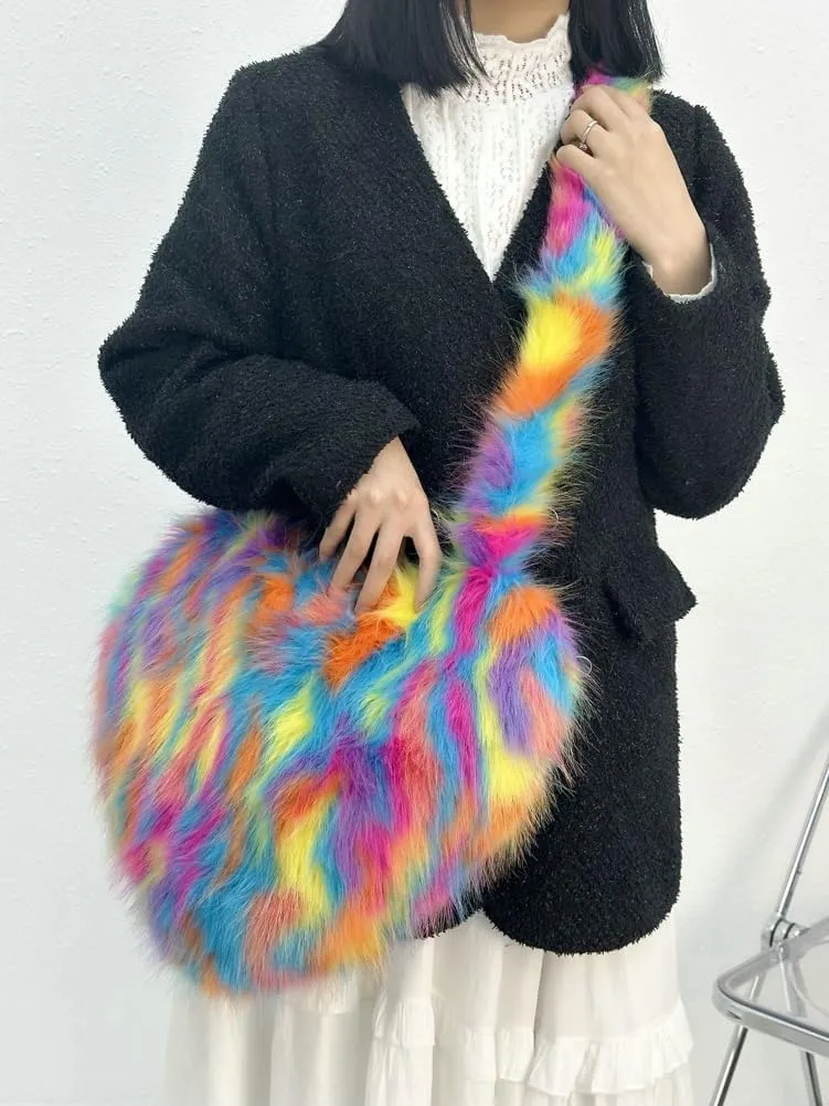 Y2k Purse Crossbody Bags for Women Faux Fur Purse Heart Shaped Purse Satchel Multicolored Shoulder Bag Trendy Fuzzy Bag