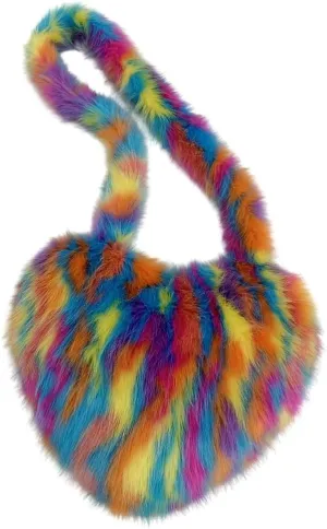 Y2k Purse Crossbody Bags for Women Faux Fur Purse Heart Shaped Purse Satchel Multicolored Shoulder Bag Trendy Fuzzy Bag