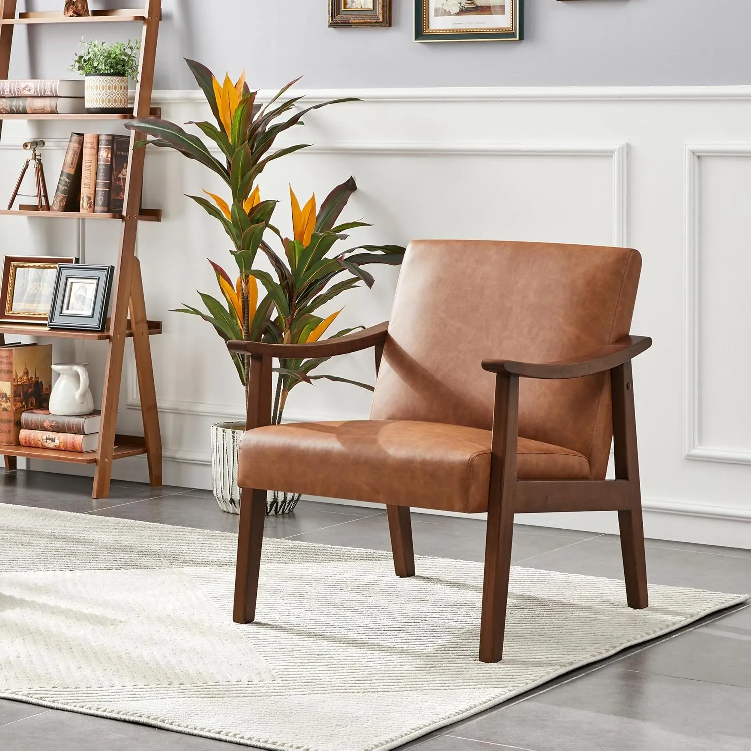 Yaheetech PU Leather Accent Chair, Mid-Century Modern Armchair with Solid Wood Legs, Reading Leisure Chair with High Back for Living Room Bedroom Waiting Room, Brown