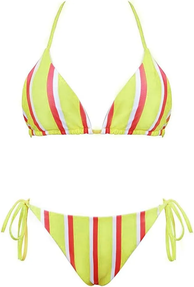 YAUASOPA Womens Triangle Bikini Sets Striped Halter String Bathing Suit 2 Piece Tie Side Swimsuit