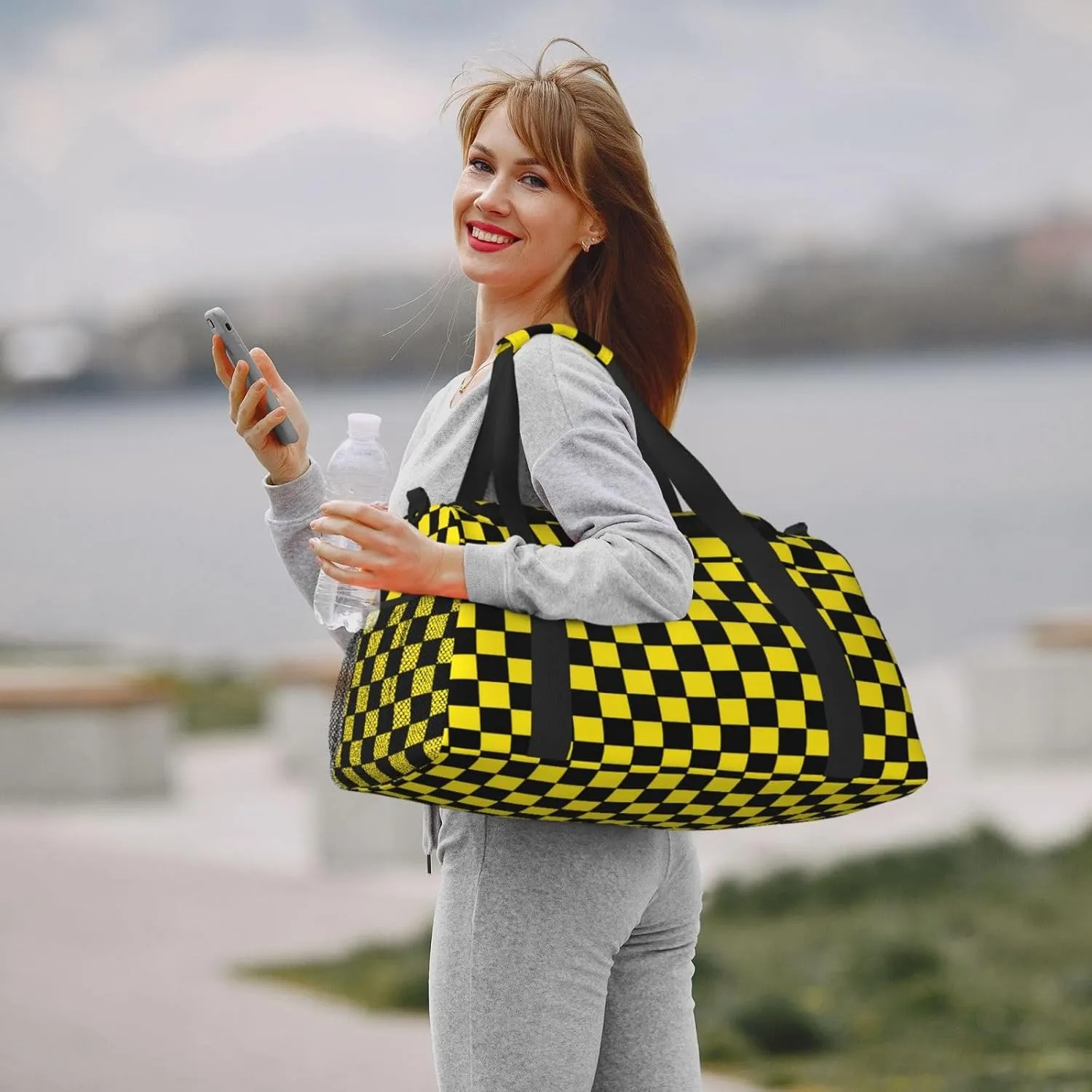 Yellow Black Square Lattice Travel Duffel Bag Large Foldable Waterproof Overnight Bag For Beach Swim Bags Pool Sports Gym