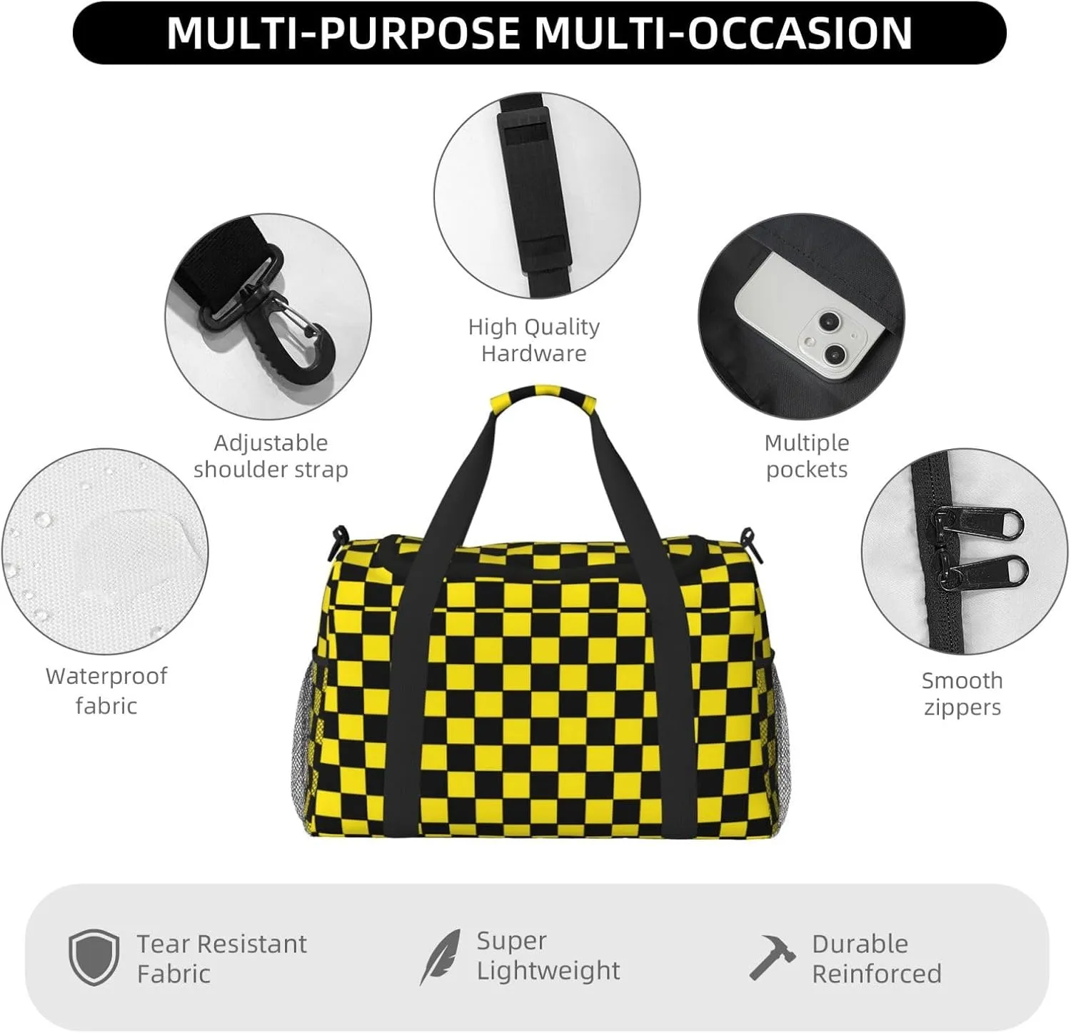 Yellow Black Square Lattice Travel Duffel Bag Large Foldable Waterproof Overnight Bag For Beach Swim Bags Pool Sports Gym