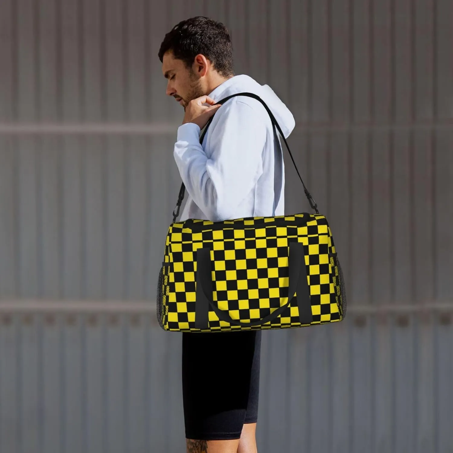 Yellow Black Square Lattice Travel Duffel Bag Large Foldable Waterproof Overnight Bag For Beach Swim Bags Pool Sports Gym