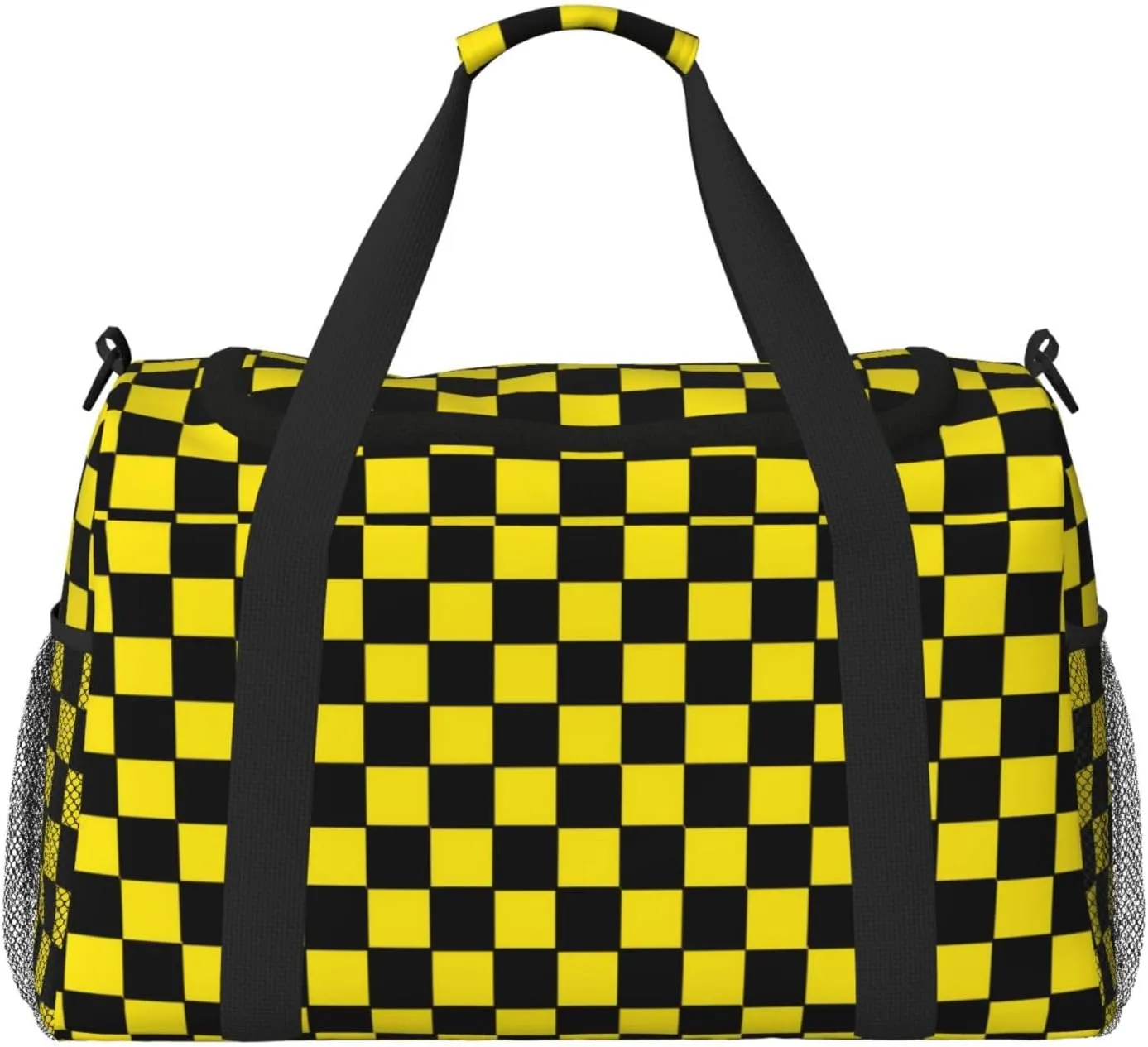 Yellow Black Square Lattice Travel Duffel Bag Large Foldable Waterproof Overnight Bag For Beach Swim Bags Pool Sports Gym