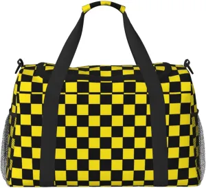 Yellow Black Square Lattice Travel Duffel Bag Large Foldable Waterproof Overnight Bag For Beach Swim Bags Pool Sports Gym