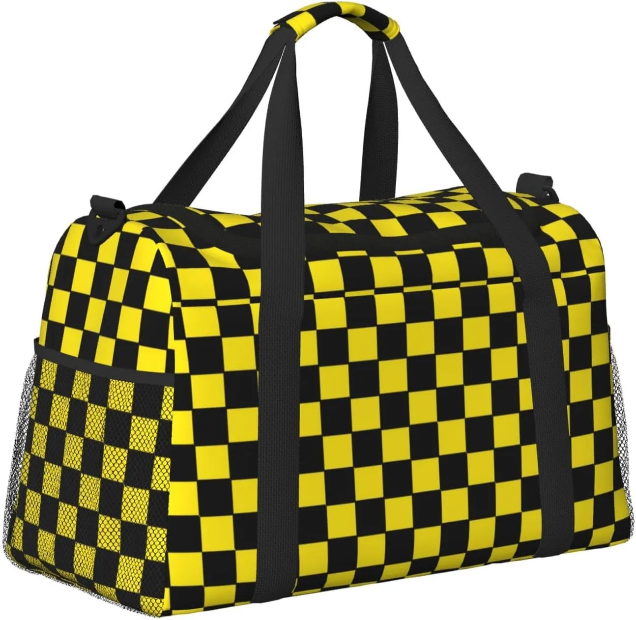 Yellow Black Square Lattice Travel Duffel Bag Large Foldable Waterproof Overnight Bag For Beach Swim Bags Pool Sports Gym