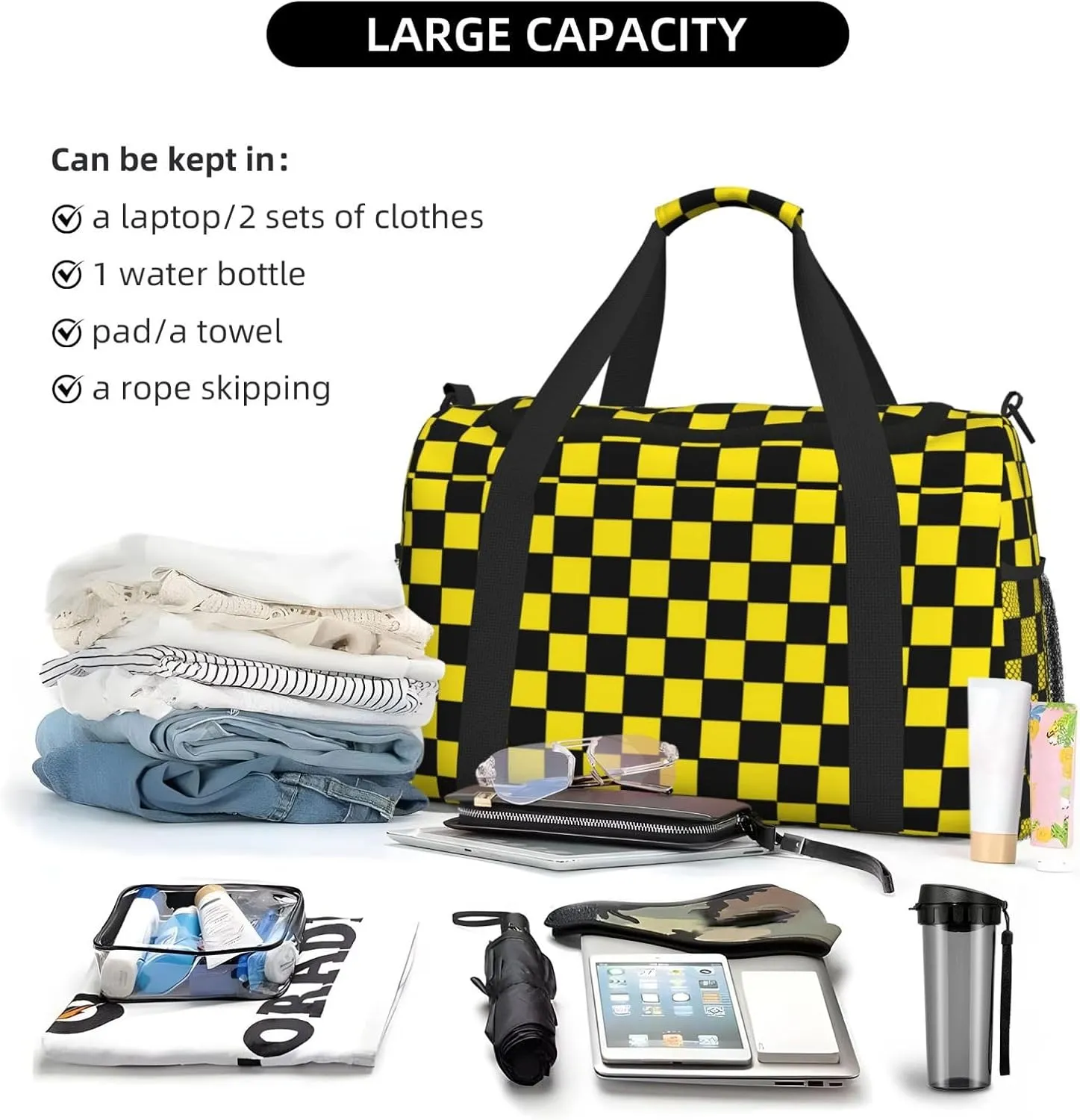 Yellow Black Square Lattice Travel Duffel Bag Large Foldable Waterproof Overnight Bag For Beach Swim Bags Pool Sports Gym