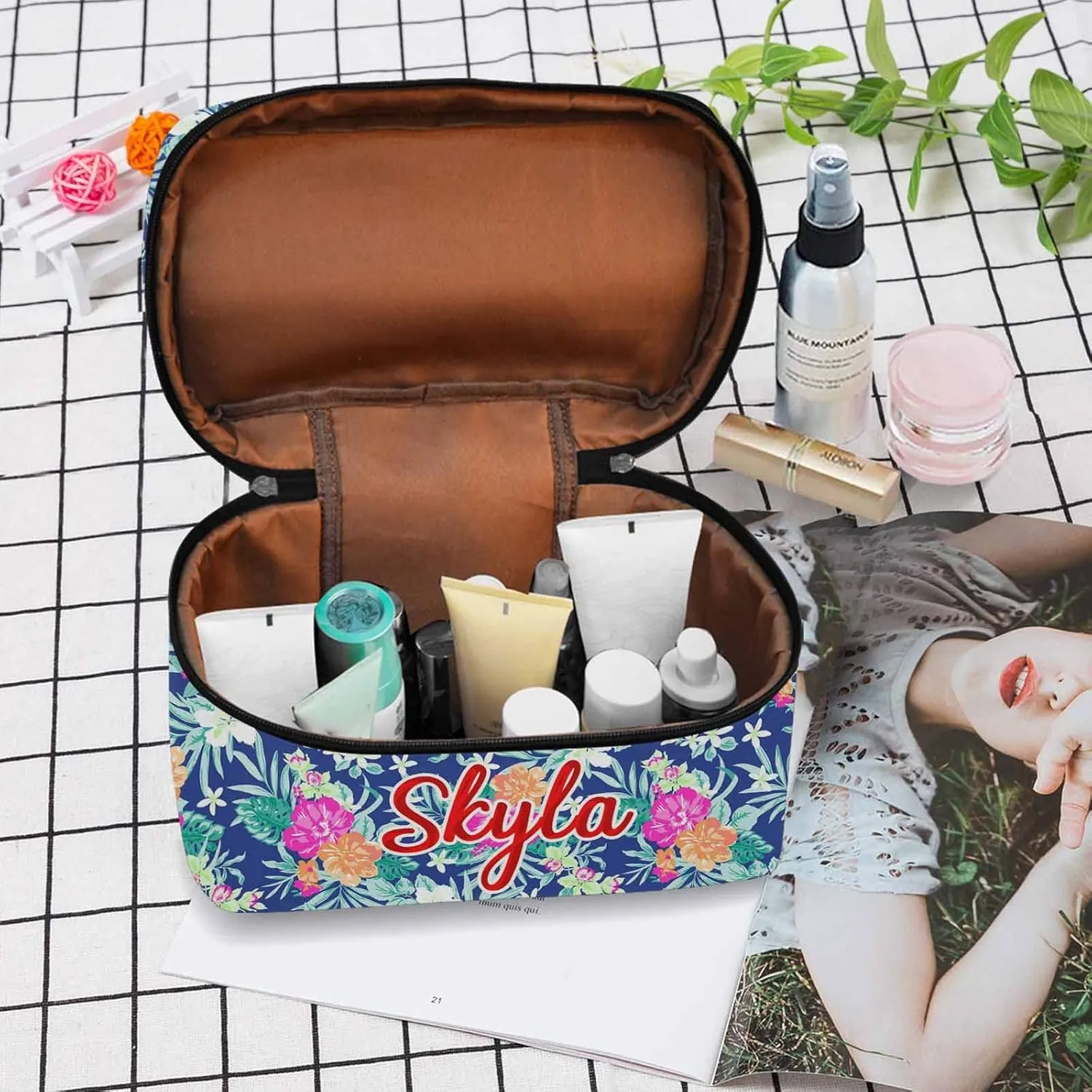 YESCUSTOM Personalized Makeup Bag Large Travel Cosmetic Bags for Girls Women Kids, Flowers Pattern Waterproof Make up Organizer Case Toiletry Bag