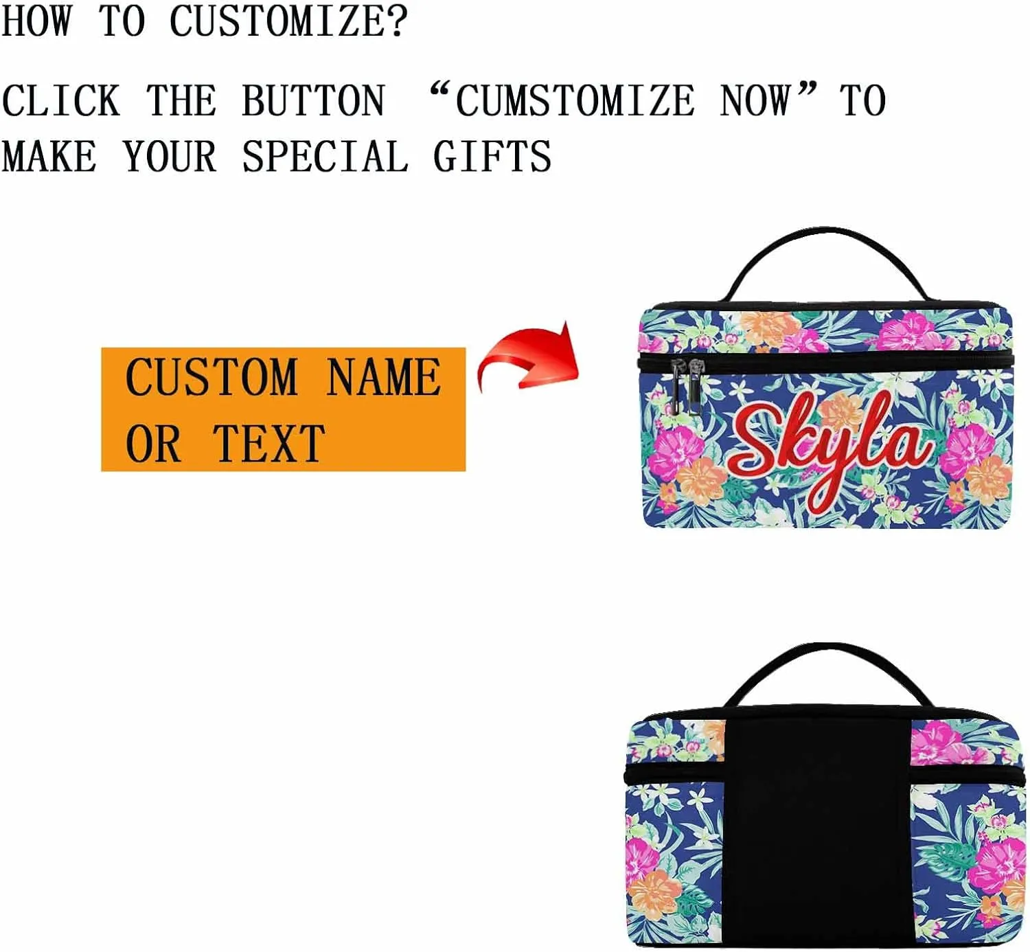YESCUSTOM Personalized Makeup Bag Large Travel Cosmetic Bags for Girls Women Kids, Flowers Pattern Waterproof Make up Organizer Case Toiletry Bag