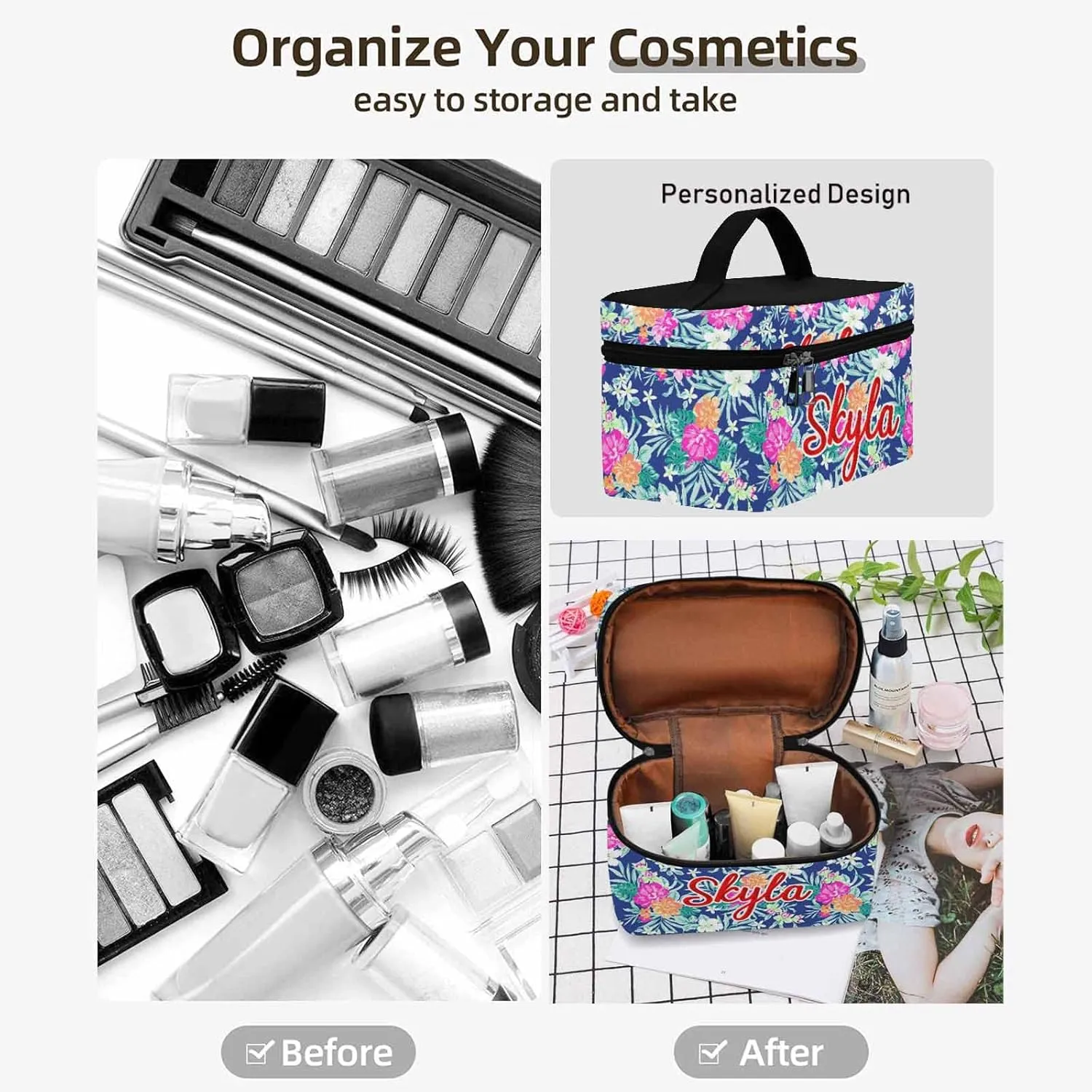 YESCUSTOM Personalized Makeup Bag Large Travel Cosmetic Bags for Girls Women Kids, Flowers Pattern Waterproof Make up Organizer Case Toiletry Bag