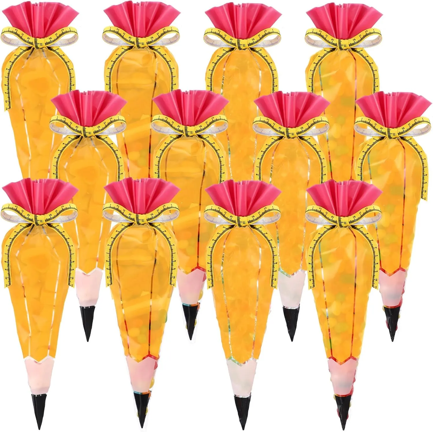 Yexiya 100 Pcs 5.12" x 9.84" Back to School Cone Cellophane Bags Teacher Appreciation Gift Pencil Cone Shaped Treat Plastic Clear Popcorn Bags with Ribbon for Treats Popcorn Candy