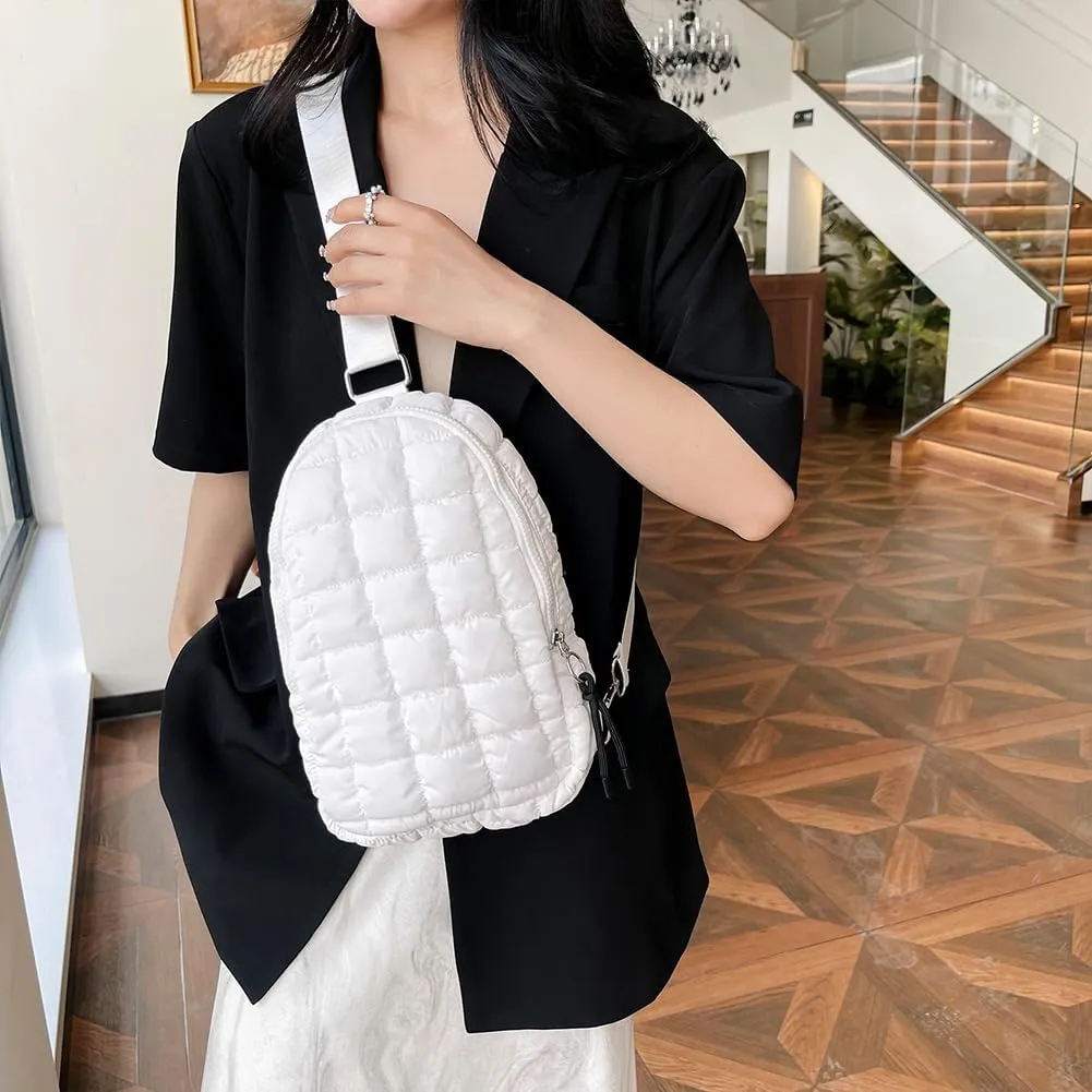 YFGBCX Puffer Quilted Sling Bag Crossbody Purse Women Puffer Fanny Pack Quilted Chest Bag Puffy Daypack Waist Bag, White