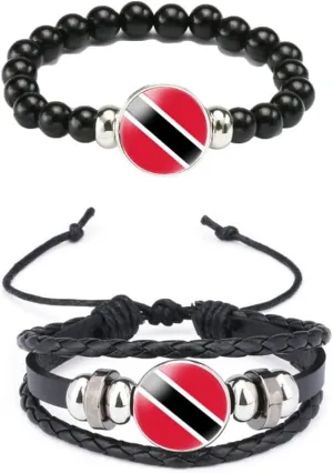 Ykonuyis National Flag Metal Black Beaded Elastic Rope Bracelet and Alloy Leather Braided Rope Bracelet Bangl for Men Women Support your country
