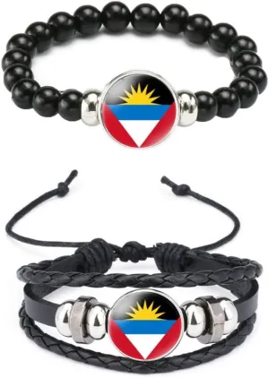 Ykonuyis National Flag Metal Black Beaded Elastic Rope Bracelet and Alloy Leather Braided Rope Bracelet Bangl for Men Women Support your country