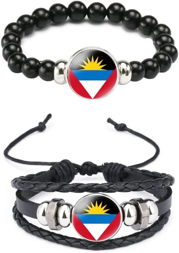 Ykonuyis National Flag Metal Black Beaded Elastic Rope Bracelet and Alloy Leather Braided Rope Bracelet Bangl for Men Women Support your country