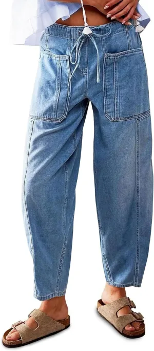 yoeasy Womens Low Rise Barrel Jeans Elastic Drawstring Loose Wide Leg Cropped Denim Pants Y2k Baggy Boyfriend Jeans