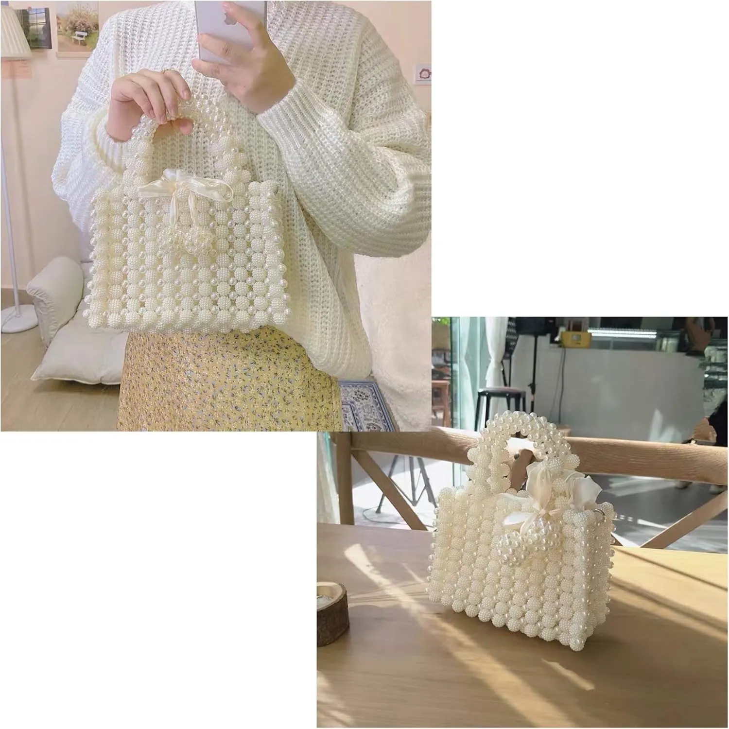 YUSHINY Women Handmade Pearl Beaded Evening Handbag Top Handle Purse with InnerBag & DustBag