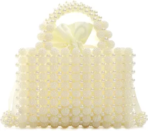 YUSHINY Women Handmade Pearl Beaded Evening Handbag Top Handle Purse with InnerBag & DustBag