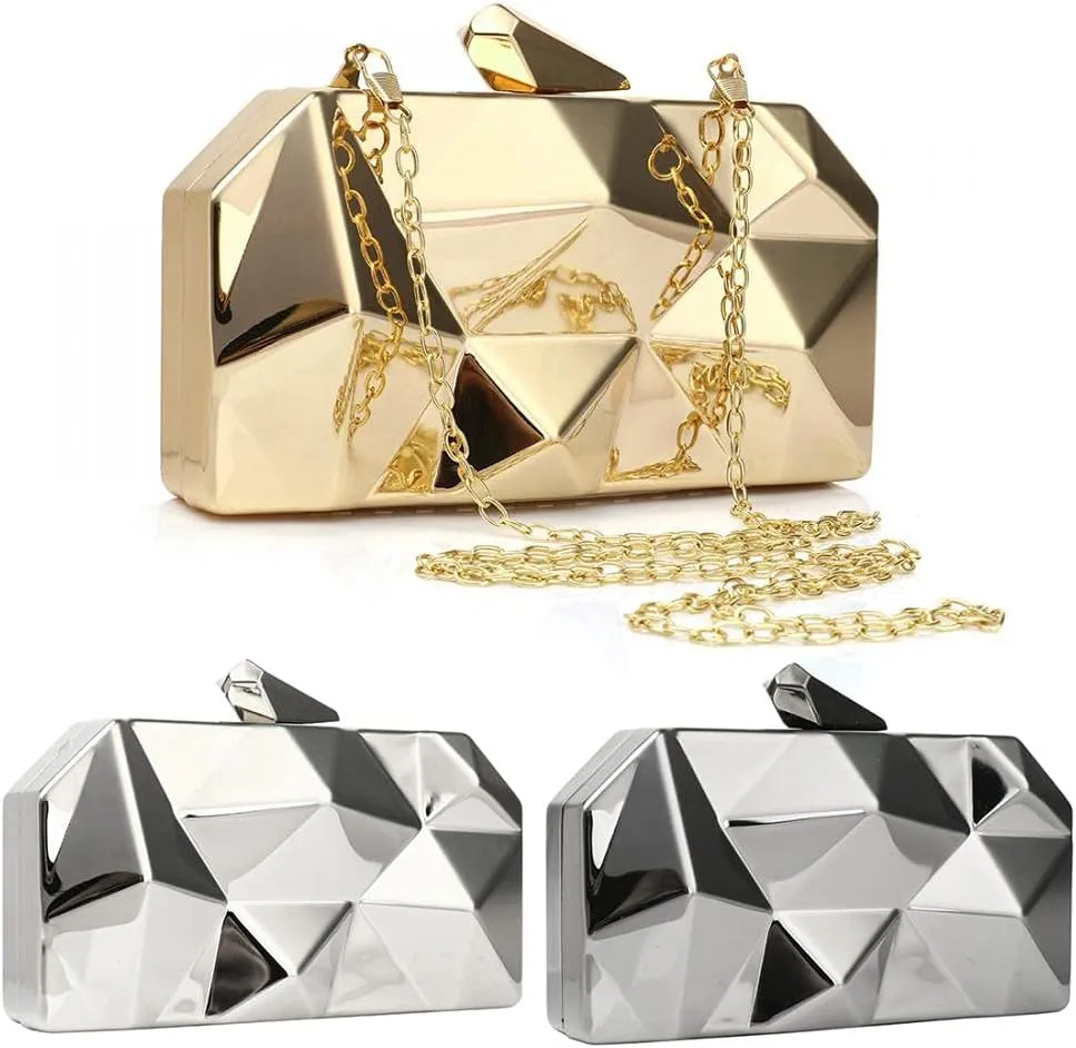 YYW Women Geometric Lattice Pattern Metal Evening Bag Party Wedding Bridal Prom Purse Crossbody Bag with Chain