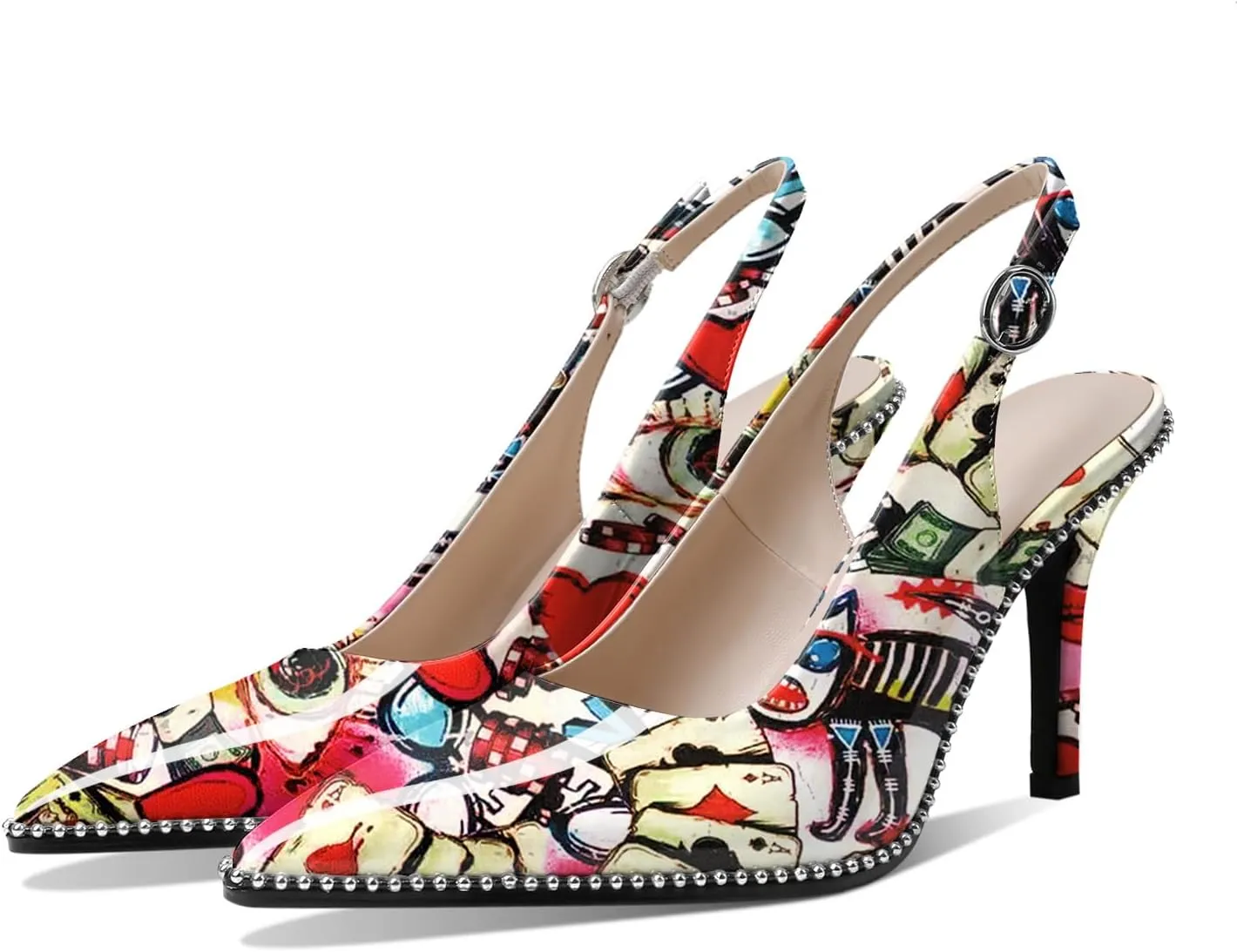 Zamikoo Women Beaded Pumps High Heel Slingback Pointed Toe Slip On 3.5 Inch Stilettos Ankle Strap Adjustable Buckle Patent Leather US Size 5 -Size 13