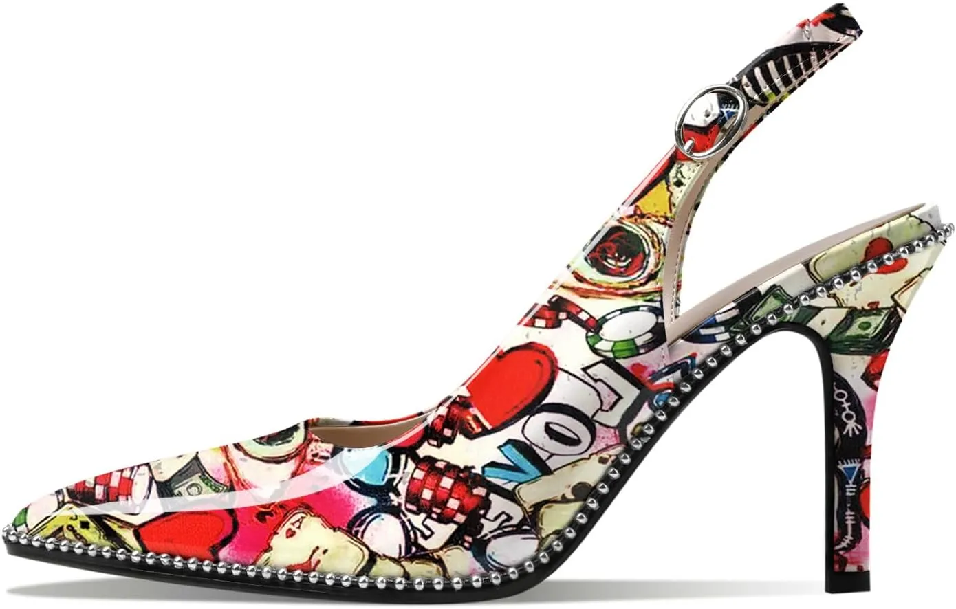 Zamikoo Women Beaded Pumps High Heel Slingback Pointed Toe Slip On 3.5 Inch Stilettos Ankle Strap Adjustable Buckle Patent Leather US Size 5 -Size 13
