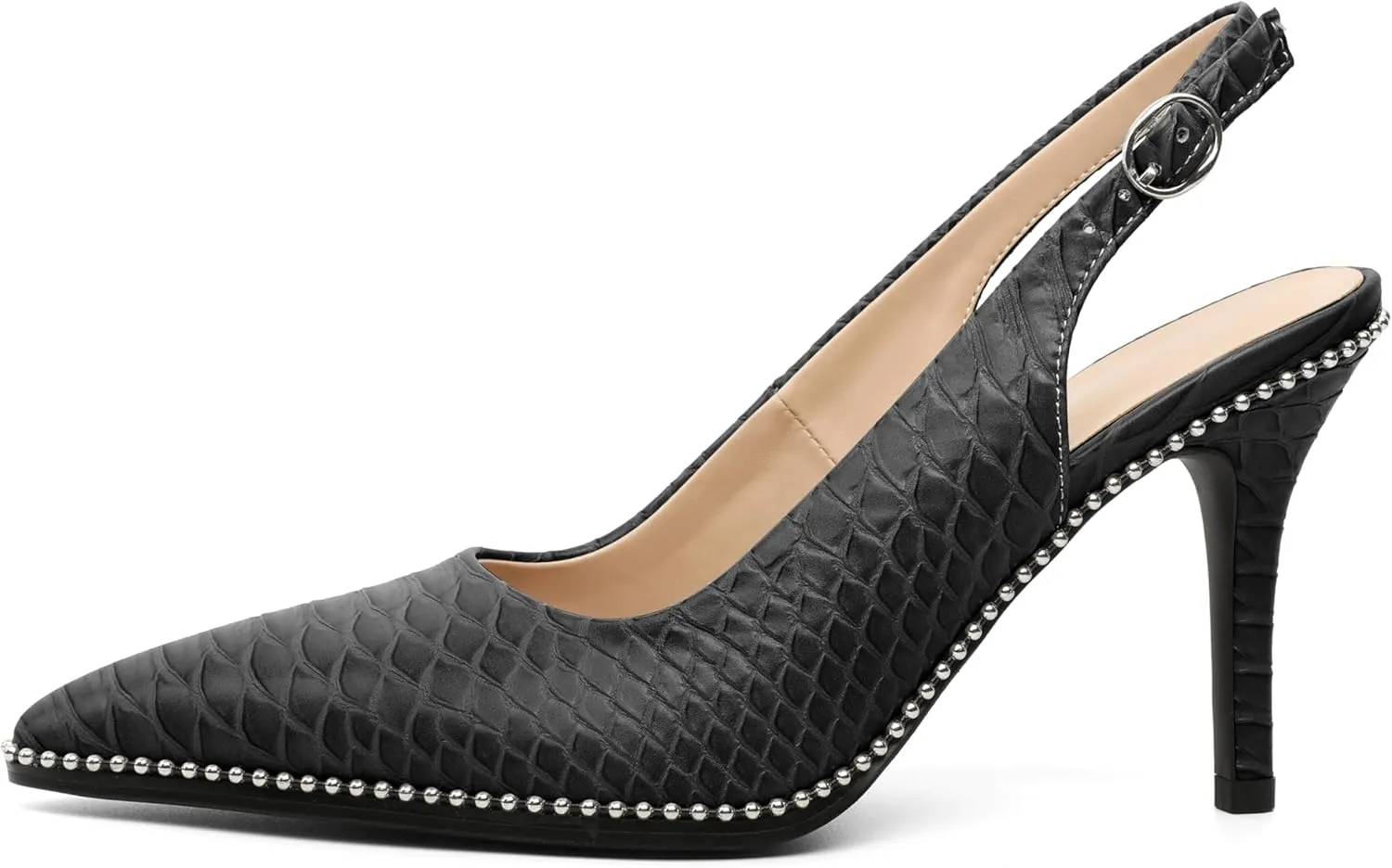 Zamikoo Women Beaded Pumps High Heel Slingback Pointed Toe Slip On 3.5 Inch Stilettos Ankle Strap Adjustable Buckle Patent Leather US Size 5 -Size 13