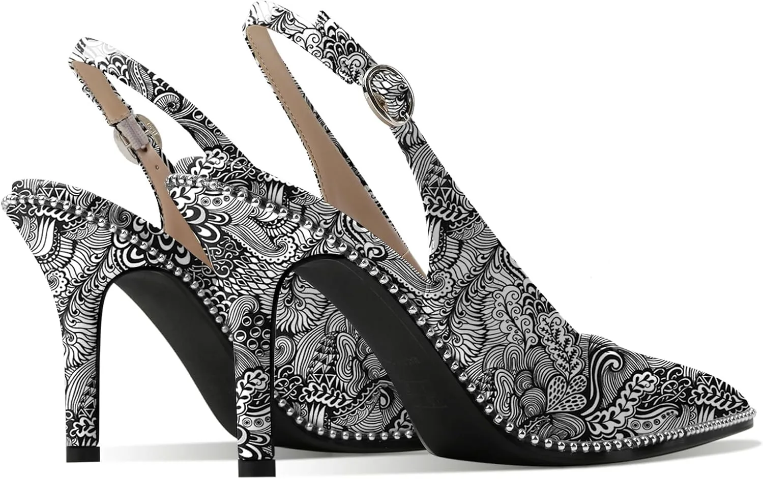 Zamikoo Women Beaded Pumps High Heel Slingback Pointed Toe Slip On 3.5 Inch Stilettos Ankle Strap Adjustable Buckle Patent Leather US Size 5 -Size 13