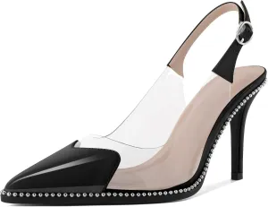 Zamikoo Women Sling Back Heels Pointed Toe Slip On Beaded Clear Transparent Heart Pattern High Heel Stilettos