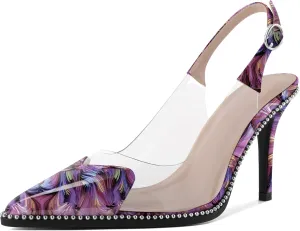 Zamikoo Women Sling Back Heels Pointed Toe Slip On Beaded Clear Transparent Heart Pattern High Heel Stilettos
