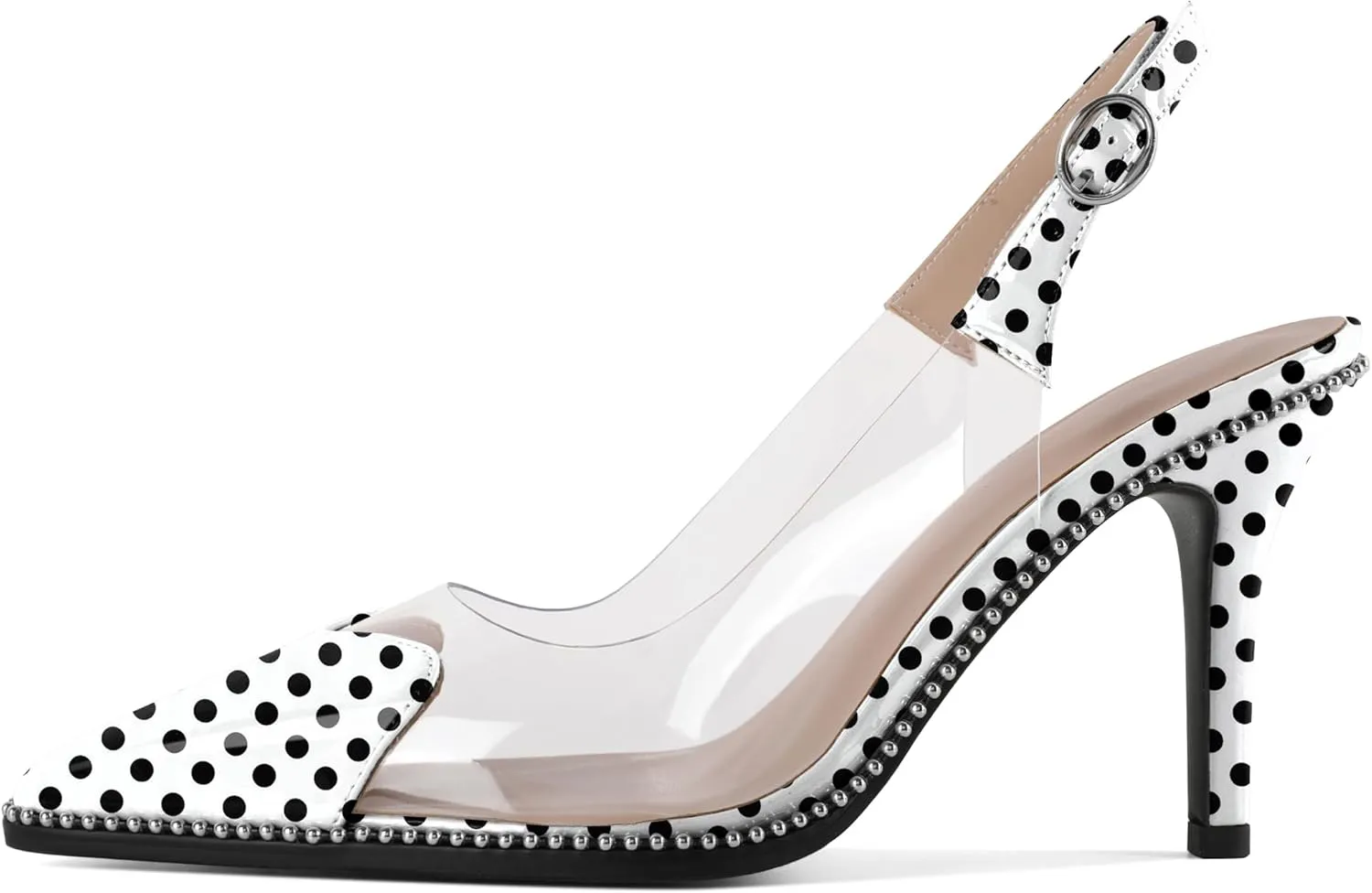 Zamikoo Women Sling Back Heels Pointed Toe Slip On Beaded Clear Transparent Heart Pattern High Heel Stilettos