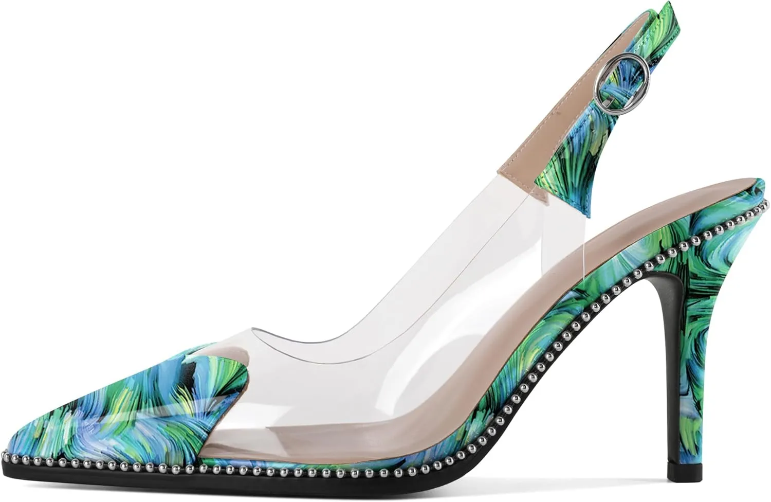 Zamikoo Women Sling Back Heels Pointed Toe Slip On Beaded Clear Transparent Heart Pattern High Heel Stilettos