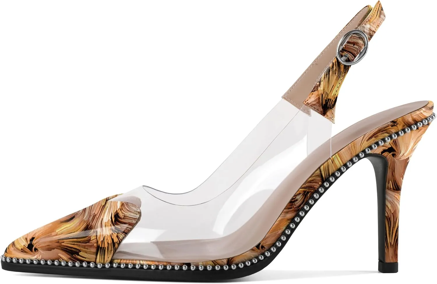 Zamikoo Women Sling Back Heels Pointed Toe Slip On Beaded Clear Transparent Heart Pattern High Heel Stilettos