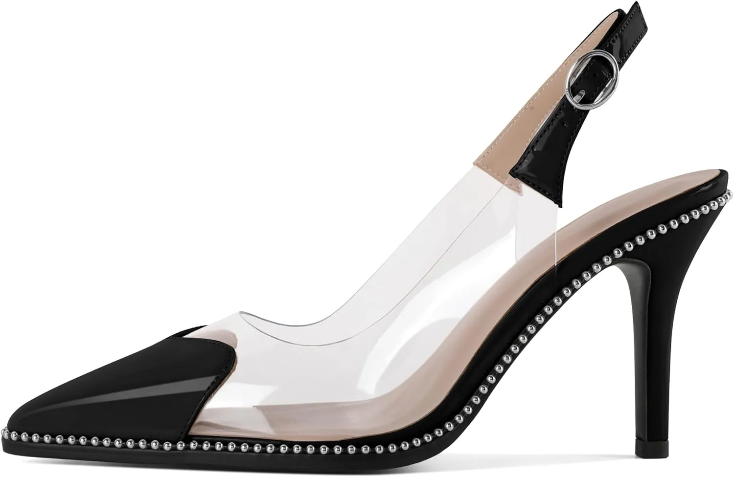Zamikoo Women Sling Back Heels Pointed Toe Slip On Beaded Clear Transparent Heart Pattern High Heel Stilettos