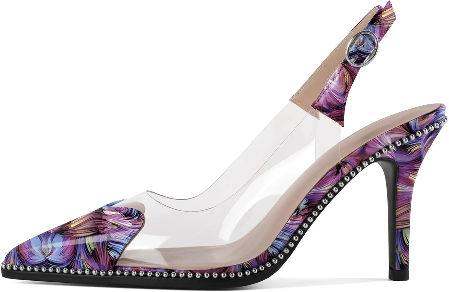 Zamikoo Women Sling Back Heels Pointed Toe Slip On Beaded Clear Transparent Heart Pattern High Heel Stilettos