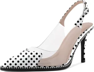 Zamikoo Women Sling Back Heels Pointed Toe Slip On Beaded Clear Transparent Heart Pattern High Heel Stilettos