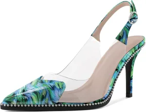 Zamikoo Women Sling Back Heels Pointed Toe Slip On Beaded Clear Transparent Heart Pattern High Heel Stilettos