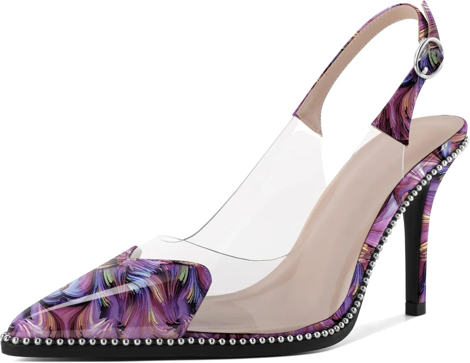 Zamikoo Women Sling Back Heels Pointed Toe Slip On Beaded Clear Transparent Heart Pattern High Heel Stilettos