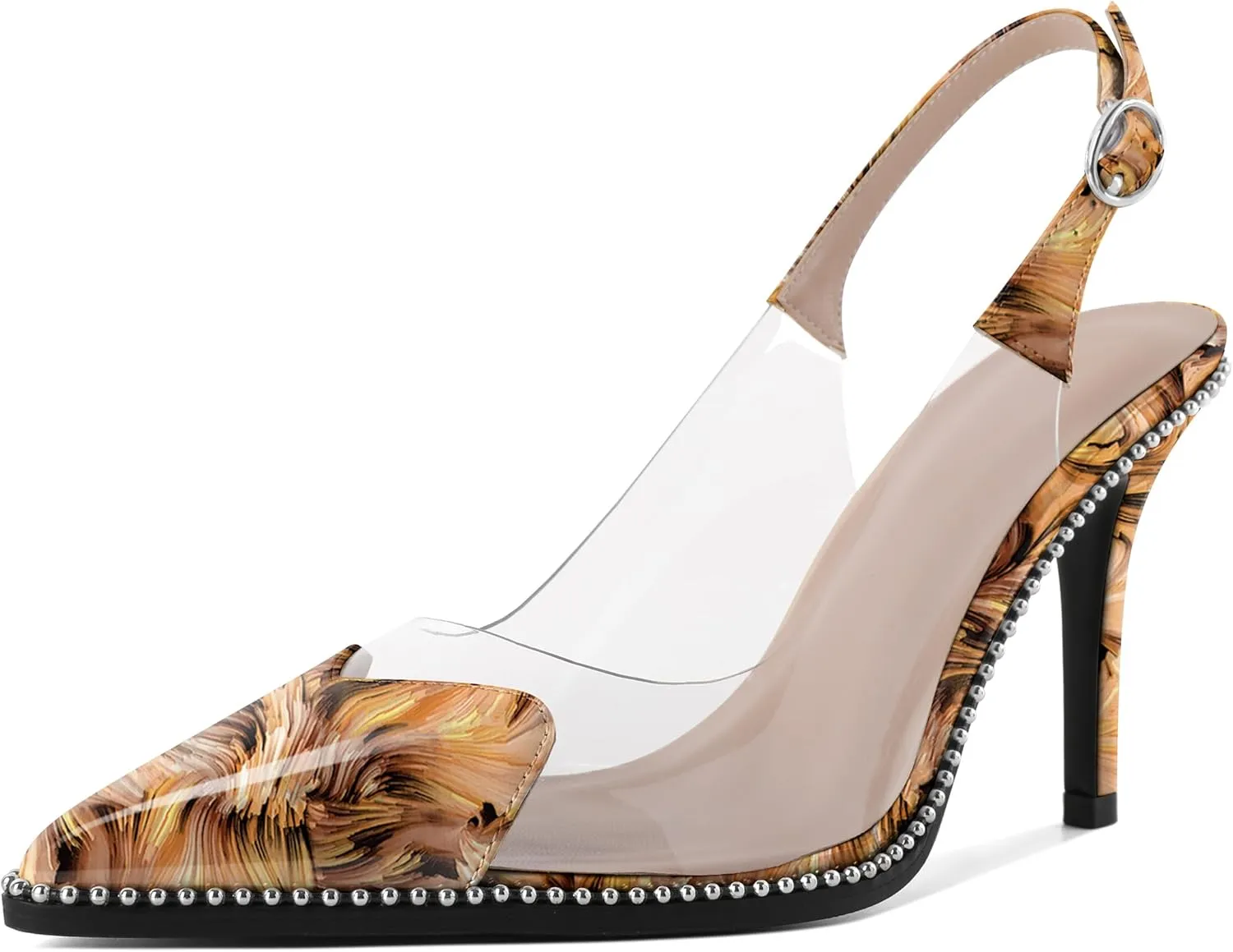 Zamikoo Women Sling Back Heels Pointed Toe Slip On Beaded Clear Transparent Heart Pattern High Heel Stilettos