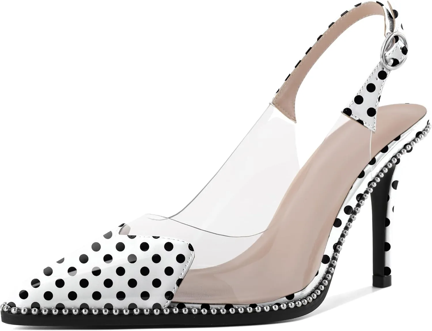 Zamikoo Women Sling Back Heels Pointed Toe Slip On Beaded Clear Transparent Heart Pattern High Heel Stilettos
